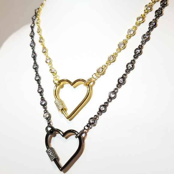 Bling Heart Carabiner Lock Pendant Charm Necklace - Picture 6 of 8